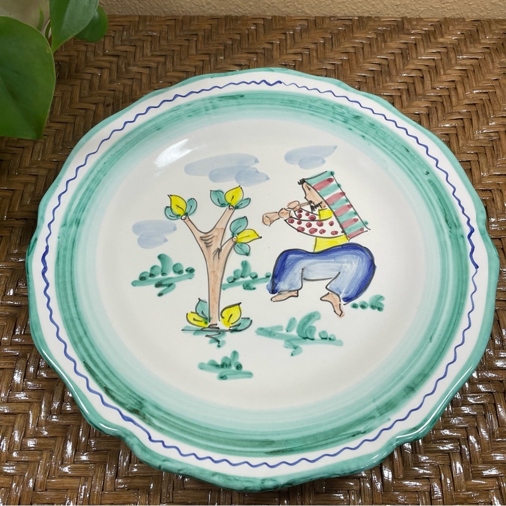 Vintage Green-Rimmed Illustrated Ceramic Dinner Plate